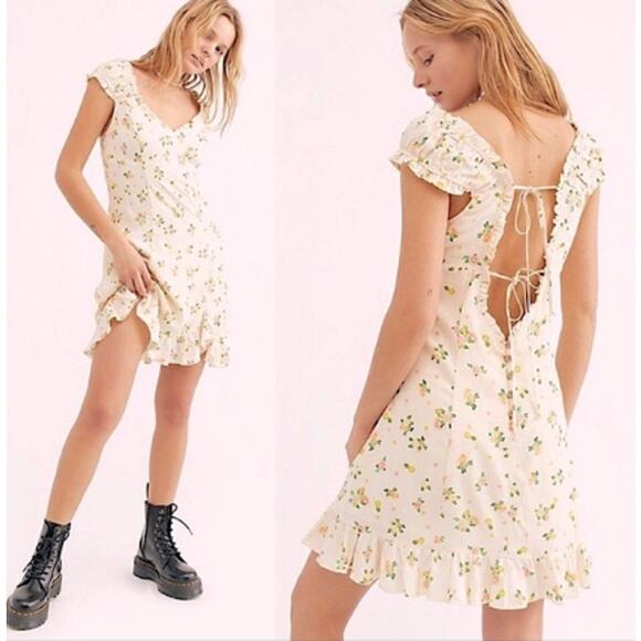 NWOT Free People Like A Lady Citrus Lemon Print Mini Dress Ruffle Tie Closure XS - Picture 1 of 16